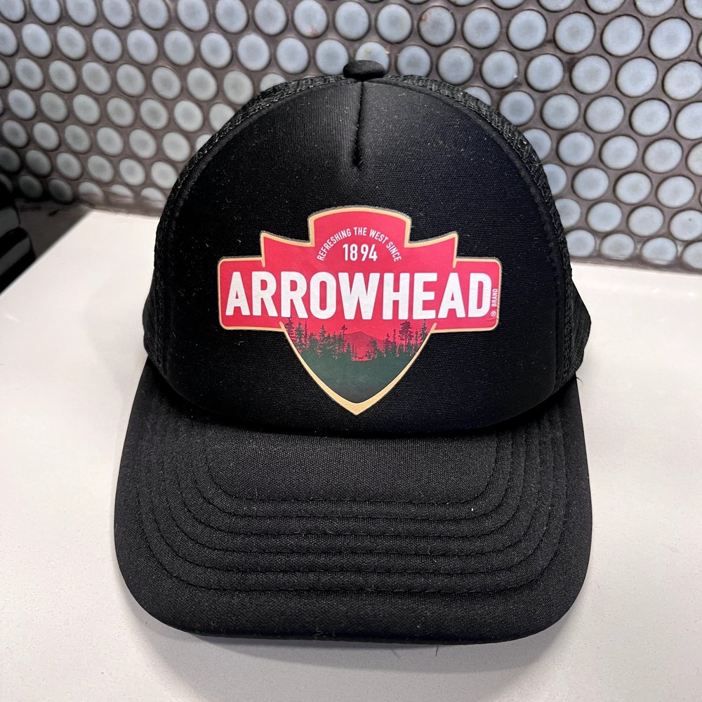 Arrowhead Water Trucker Hat Cap Black Red Snap Back Mesh Logo Front